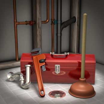 Tool Box with Plunger, Wrench, and Drainpipe