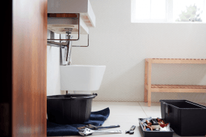 toolbox in front of sink